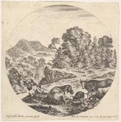 Talíř 10: kůň ležící uprostřed, kráva a dvě kozy vpravo, dvě sedící kozy..., ca. 1643-48.