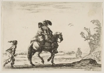 Deska 10: jezdec a žena, při pohledu zezadu, jedoucí vpravo s mladým ..., 1642.