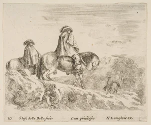 Deska 10: dva jezdci sestupující z hory vlevo, další jezdec vpravo v ..., ca. 1644-47.