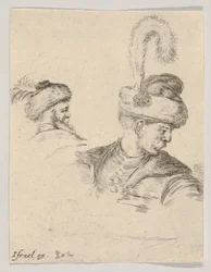 Deska 11: Polská busta z profilu, otočená doprava, další polská hlava při pohledu od..., ca. 1649.