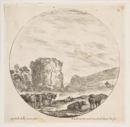 Deska 13: ruiny chrámu v římské krajině, z římských krajin a ruin P..., ca. 1646.