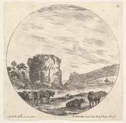 Deska 13: ruiny starověkého chrámu v pozadí, stádo krav v popředí..., ca. 1643-48.