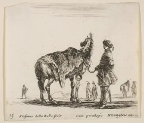 Talíř 15: Polský šlechtic, odvrácený, drží svého koně pokrytého leopardí kůží..., ca. 1644-47.