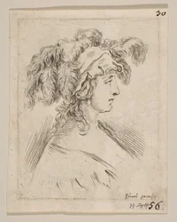 Talíř 15: střední poprsí mladé ženy z profilu s kloboukem zakončeným peřím, z..., ca. 1649.