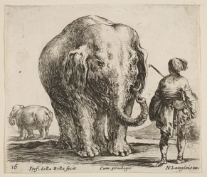 Talíř 16: slon uprostřed, jeho mahut stojící napravo v orientálním..., ca. 1644-47.