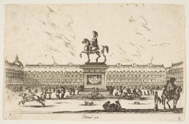 Deska 3: La Place Royale, jezdecká socha Ludvíka XIII. z profilu obrácená doleva v ce..., 1642.