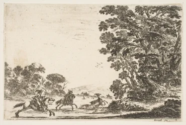 Deska 4: hon na jelena, dva jezdci cválající vlevo za třemi psy a jelenem..., 1642.