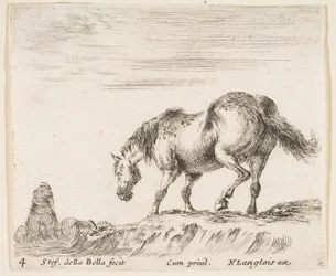 Deska 4: kůň z profilu směřující doleva, který se chystá sestoupit z kopce, kůň..., ca. 1644-47.