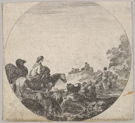 Talíř 5: žena nesoucí dítě na koni vlevo, velbloud za ní, stádo..., ca. 1643-48.