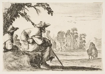 Deska 5: vlevo odpočívají dva poutníci s klobouky, při pohledu zezadu jede jezdec do války..., 1642.