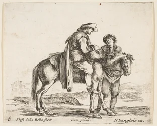 Talíř 6: rolník na koni z profilu směrem doprava, držící košík a t..., ca. 1644-47.