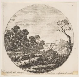 Tabulka 6: krávy překračující údolí vlevo, jezdec a další krávy v pozadí..., ca. 1646.