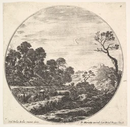 Talíř 6: krávy křižující údolí vlevo, skupina stromů vlevo, jezdec a o..., ca. 1643-48.