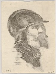 Talíř 6: hlava starého vousatého vojáka s přilbou obrácenou vpravo, z Různé hlavy..., 1650.