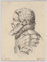 Deska 7: busta vousatého vojáka v brnění, obrácená z profilu doleva, z Různého..., 1650.