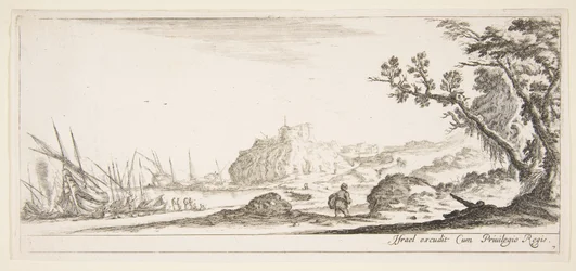Talíř 7: různé čluny na břehu vlevo, muž nesoucí tašku, viděno zezadu a wa..., ca. 1641.