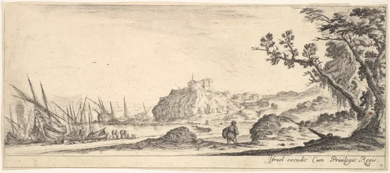 Talíř 7: různé čluny na břehu vlevo, muž nesoucí tašku, viděno zezadu a wa..., ca. 1641.