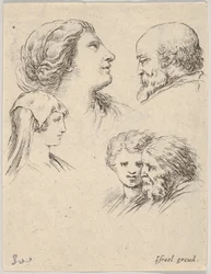 Talíř 9: pět hlav, dvě mladé ženy vlevo, vousatý muž vpravo nahoře, mladá žena..., ca. 1649.