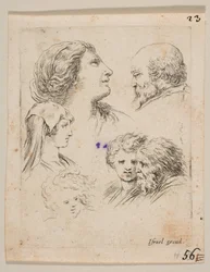 Talíř 9: pět hlav, dvě mladé ženy vlevo, vousatý muž vpravo nahoře, mladá žena..., ca. 1649.