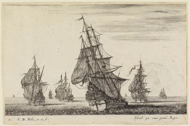 Mořské scenérie (Paysages maritimes): Loď rozvíjející plachty v popředí, další lodě v pozadí