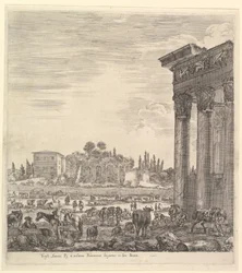 Sloupce Antoninova chrámu vpravo, část Campo Vaccino uprostřed a..., 1656.