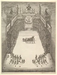 Divadlo v Modeně, viděné shora a plné diváků, s triumfálním vozem v cen..., 1652.