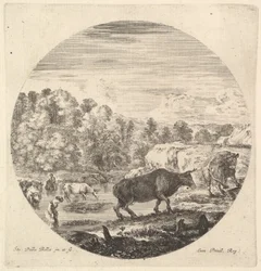 Dvě krávy uprostřed, za nimi dvě rolnice a další krávy v řece do le..., ca. 1643-48.