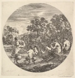Dva satyrové a faun sedící vpravo sledující dva dětské satyry a dalšího satyra w..., ca. 1643-48.