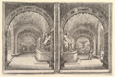 Dva pohledy na jeskyni, oba pohledy s fontánou se sedící sochou, při pohledu z ..., ca. 1653.