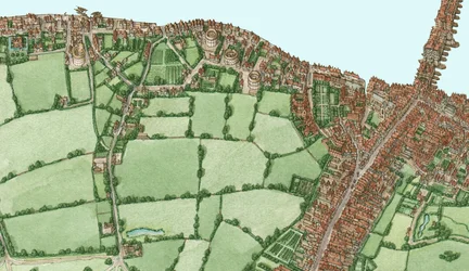 Bankside a Southwark, Londýn, asi 1600-25, 2021 (tuš a akvarel, digitálně)