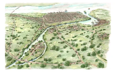 Kostel svatého Patrika a vikingský Dublin kolem roku 1000 n. l. (kresba 2018), cca 980-1000 (tuš a akvarel)