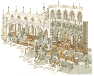 Východní část Westminsterského opatství krátce před reformací, asi 1500-1525 (tuš a akvarel)