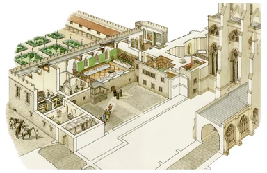 Předreformační děkanství Westminsterského opatství, asi 1520-1535 (tuš a akvarel)
