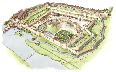 Hrad Wallingford, Oxfordshire, asi 1300-1399 (tuš a akvarel)