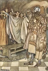 Z Ulstermenů se zvedl mohutný jásot, ilustrace z „The High Deeds of Finn, and other Bardic Romances of Ancient Ireland“ od T.W. Rolleston (barva lito)