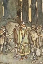 A té noci se v osamělé chýši hodovalo a veselilo, ilustrace z „The High Deeds of Finn, and other Bardic Romances of Ancient Ireland“ od T.W. Rolleston (barva lito)