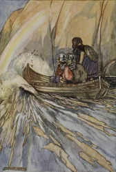 „Doneste nás rychle, člun Manananu, do zahrady Hesperidek, ilustrace z „Vznešené skutky Finna a další bardské romance starověkého Irska“ od T.W. Rolleston (barva lito)