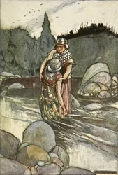 Ferdia padá rukou Cuchulain, ilustrace z „Cuchulain, The Hound of Ulster“ od Eleanor Hull (1860-1935)