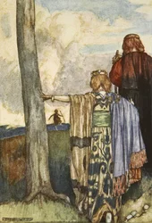 Queen Maeve se setkává s Cuchulainem, ilustrace z „Cuchulain, The Hound of Ulster“ od Eleanor Hull (1860-1935)