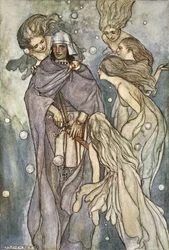 Žily tam rusovlasé oceánské nymfy, ilustrace z „The High Deeds of Finn, and other Bardic Romances of Ancient Ireland“ od T.W. Rolleston (barva lito)