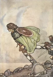 Prohnali ho kopcem a rovinou, ilustrace z „The High Deeds of Finn, and other Bardic Romances of Ancient Ireland“ od T.W. Rolleston (barva lito)