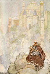 Jeli až k majestátnímu paláci, ilustrace z „The High Deeds of Finn, and other Bardic Romances of Ancient Ireland“ od T.W. Rolleston (barva lito)