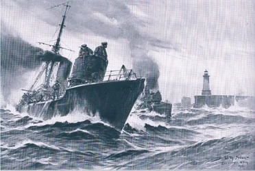 Hlídkové čluny a minolovky vyplouvající z přístavu Zeebrugge z hospody Ilustrovaná historie světové války 1914–1915. od Union Berlagsefellfchaft