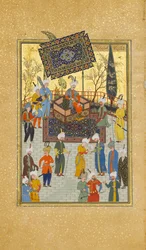 Khusrau sedící na svém trůnu, Folio 64 z Khamsa Quintetu z Nizami, A.H. 931A.D. 1524-25. Tvůrci: Sultan Muhammad Nur, Mahmud Muzahhib, Shaikh Zada.