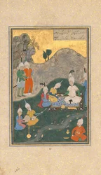 Alexander na banketu, Folio z kvintetu Khamsa z Nizami, datováno A.H. 931 n. l. 1524-25.