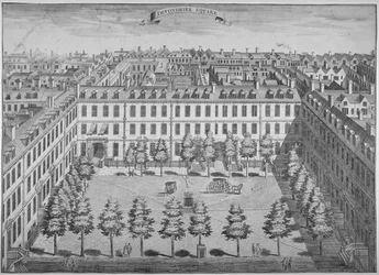 Pohled z ptačí perspektivy na Devonshire Square, City of London, 1740.