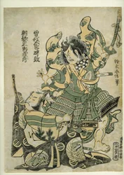 Asaina Saburo Yoshihide tahá za brnění Soga no Goro, kolem roku 1777 (dřevěný tisk)