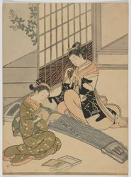 Descending Huss of the Koto, Edo period, c.1766 (barevný dřevořez)