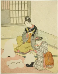 Večerní sníh na tvarovači nití (Nurioke no bosetsu), ze série „Osm pohledů do salonu (Zashiki hakkei)“