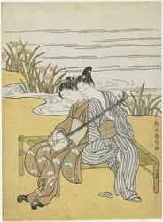 Milovníci hrají stejný Shamisen jako Mitate císaře Xuanzong a Yang Guifei, c. 1767
